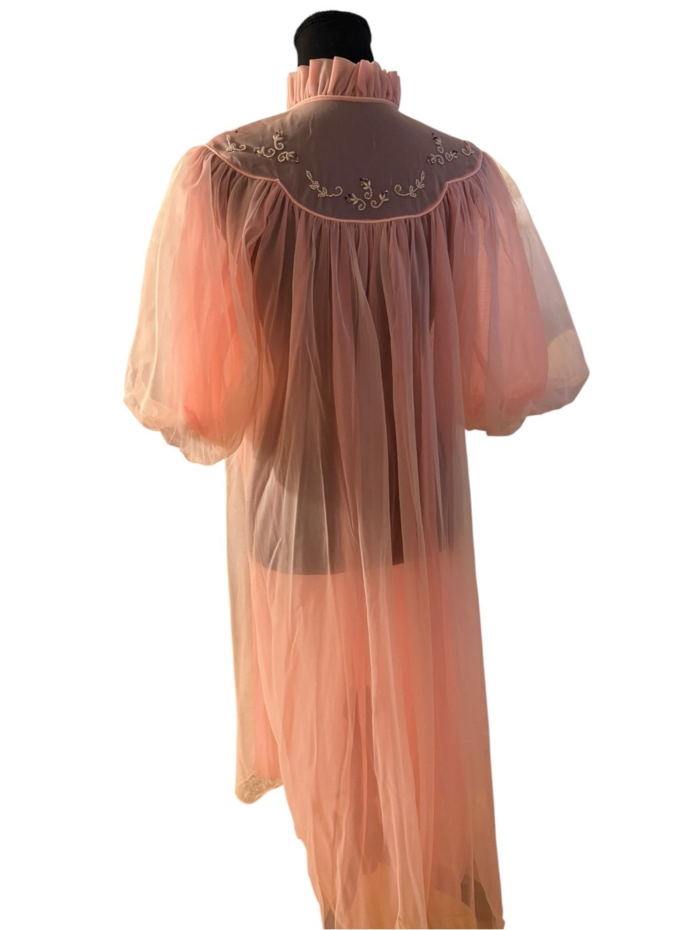 Vintage 60s pink Parfait Robe Babydoll Peignoir Classy Beaded One Size - Picture 5 of 8